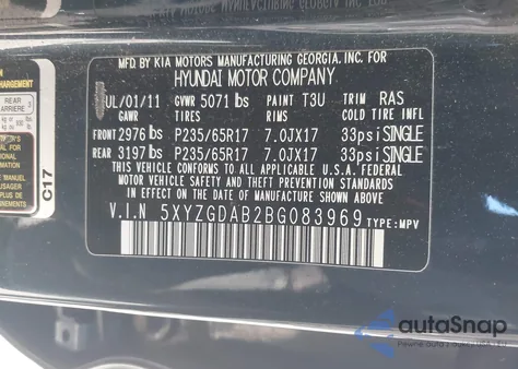 2011 Hyundai Santa Fe Gls from USA, damaged, VIN 5XYZGDAB2BG083969